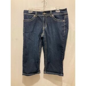 Dark Wash Denim Capri Jeans with Contrast Stitching and Embroidered Back Pockets